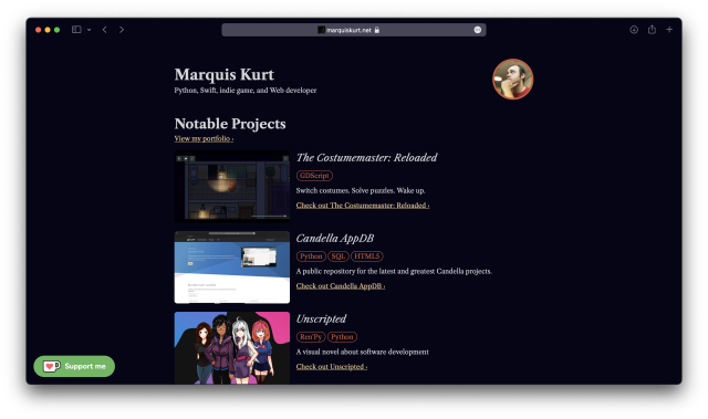 A screenshot of the most recent iteration of my website.