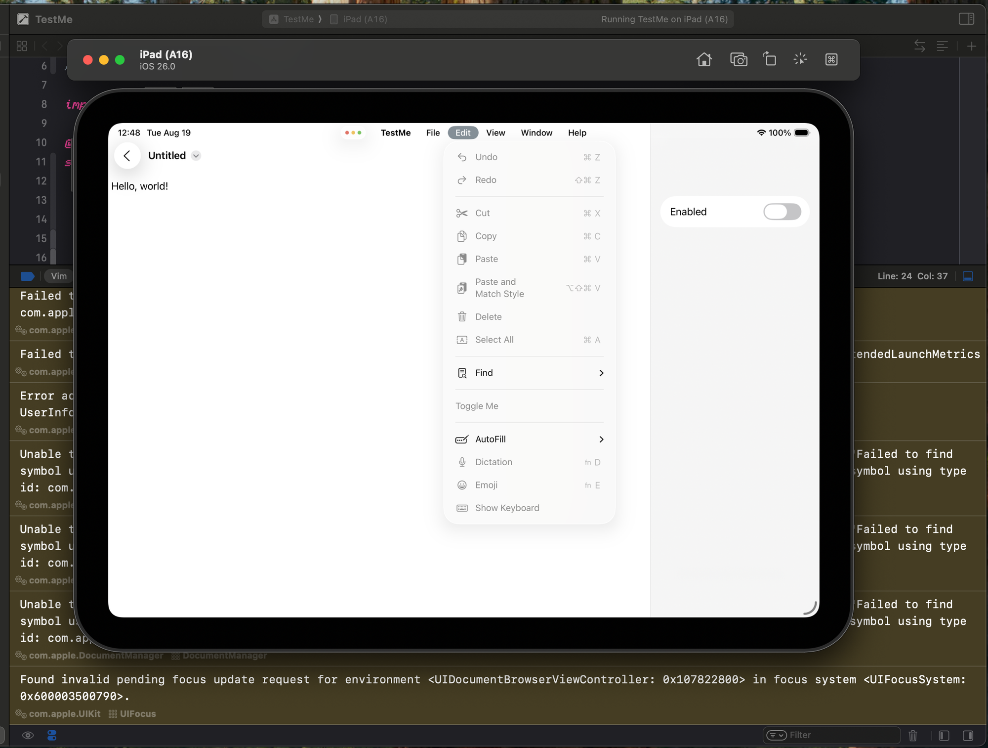 Screenshot of the iPad simulator with a sample document and greyed out menu
